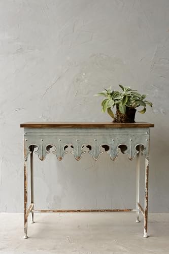 Creative Co-Op Metal Scalloped Edge Table with Zinc Finish and Wood Top