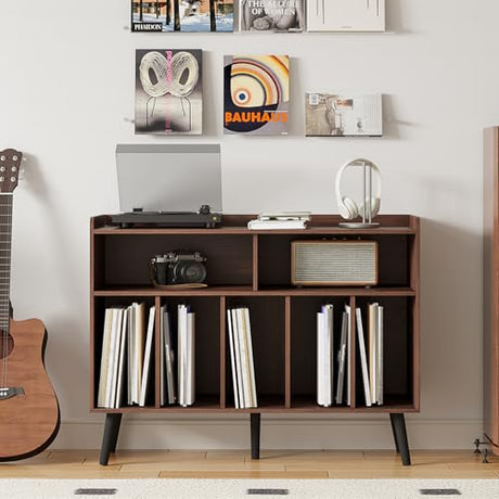ChooChoo Record Player Stand, Turntable Stand with Vinyl Storage, Record Player Cabinet Up to 350 Albums, Cube Storage Organizer for Living Room, Walnut ChooChoo