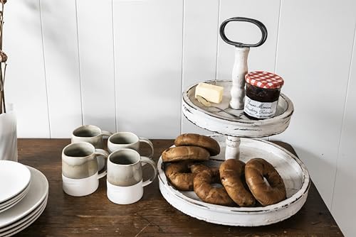 Creative Co-op EC0125 Distressed Wood 2-Tier Tray with Metal Handle, Cream Creative Co-Op