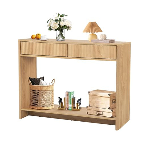 Entryway Table with Storage, Narrow Console Table with Drawers, 43.3' Couch Table Behind Sofa Long and Skinny for Living Room TV, Hallway Entrance Foyer, Mid Century Modern Boho Fluted Console Table affeivul