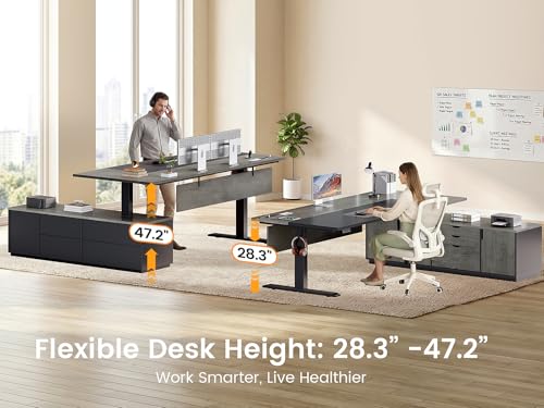 SEDETA Executive L Shaped Electric Standing Desk, 71" Height Adjustable Executive Desk with 3 Drawers and Cabinet, Sit Stand Up Home Office Desk with Power Outlets & Side Hook (Grey) SEDETA