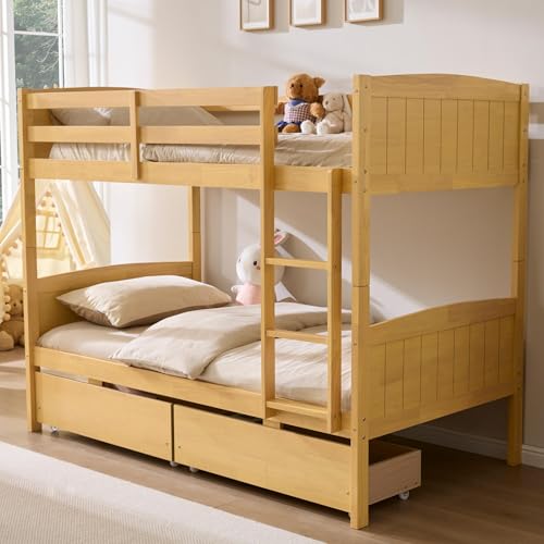 AMERLIFE Twin Over Twin Bunk Bed with Storage Drawers, Solid Rubberwood 2-in-1 Convertible Loft Beds with Ladders, Modern Detachable Bed Frame for Kids and Teens Bedroom, Natural Wood AMERLIFE