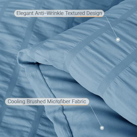 MUXHOMO 7 Pieces King Comforter Set, Seersucker Bed in a Bag King Size, All Season Luxury Bedding Set with Comforter, Flat Sheet, Fitted Sheet, Pillowcases & Shams, Mineral Blue MUXHOMO
