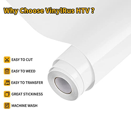 VinylRus Heat Transfer Vinyl-12” x 20ft White Iron on Vinyl Roll for Shirts, HTV Vinyl for Silhouette Cameo, Easy to Cut & Weed VinylRus