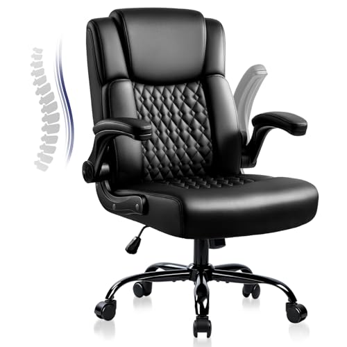OFIKA Leather Office Desk Chair,Ergonomic Office Chair with Lumbar Support,Computer Chair,Executive Leather Chair with Padded Flip-up Arm,Adjustable Armrests, Black,275LBS OFIKA