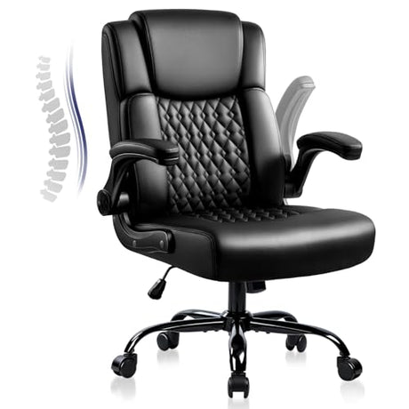 OFIKA Leather Office Desk Chair,Ergonomic Office Chair with Lumbar Support,Computer Chair,Executive Leather Chair with Padded Flip-up Arm,Adjustable Armrests, Black,275LBS OFIKA