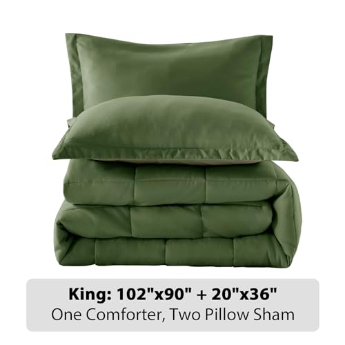 SunStyle Home King Size Comforter Set - 3 Pieces Box Stitched Reversible Comforters King Size, Lightweight Bedding Sets with 1 Down Alternative Comforter and 2 Pillow Shams for All Seasons,Green SunStyle Home