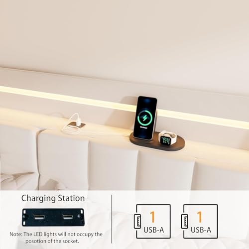 bzbbzc Floating King Size Bed Frame with RGB LED Lights & Charging Station, Upholstered Platform Bed with Hidden Storage Headboard & Shelves, Noise Free, Heavy Duty Frame, Beige bzbbzc