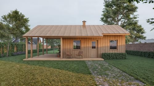 Generic 24x24 Tiny Home Cabin Building Plans - 2 Bedrooms, Living Room, Kitchen, Bath, Porch & Carport - Drawings