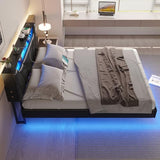 DICTAC Full Size Floating Bed Frame with led Lights & Storage Headboard Full Led Visual Floating Bed with Outlets Faux Leather Upholstered Platform Bed with Hidden Storage,No Box Spring Needed,Black DICTAC