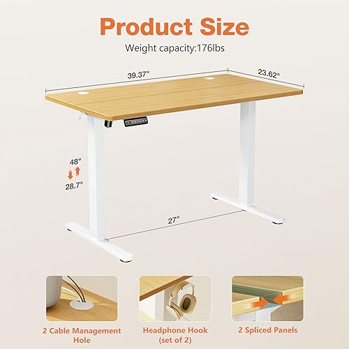 Sweetcrispy Electric Standing Desk Adjustable Height, 40x24 Inch Sit Stand Up Home Office Desks Computer Workstation PC Work Table with 3 Memory Preset Splice Wood Board Metal Frame, Oak Sweetcrispy