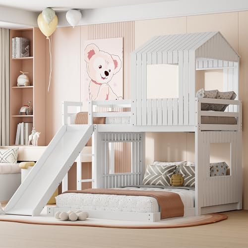 Harper & Bright Designs House Floor Bunk Beds with Slide, Wooden Twin Over Full Bunk Beds with Slide, Roof and Guard Rail for Kids, Teens, No Box Spring Needed (White, Twin Over Full Size) Harper & Bright Designs