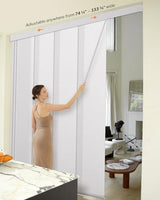 Heefen Adjustable Panel Track Blinds Light Filteringt Vertical Blinds with Valance, Sliding Glass Door Blinds, Room Dividers, Retractable Track from 74" to 133" W, Trimmable Panel Up to 102" H (White) Heefen
