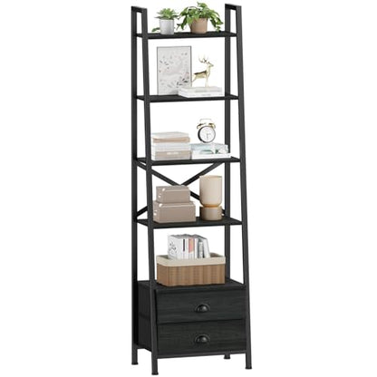 Furologee 5-Tier Industrial Ladder Shelf with 2 Drawers for Versatile Home Storage - WoodArtSupply