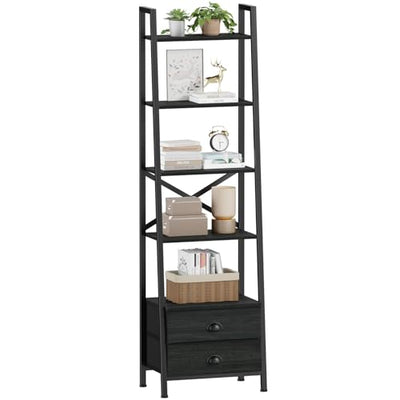Furologee 5-Tier Industrial Ladder Shelf with 2 Drawers for Versatile Home Storage