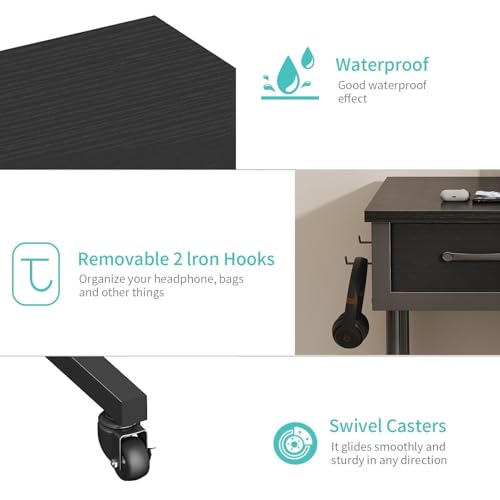 Rolling Standing Desk Adjustable Height with Drawers, 40 Inch Mobile Stand Up Portable Teacher Desks on Wheels for Classroom, Couch Sofa Side Laptop Table with Storage for Bedroom Home Office, Black WINAZ