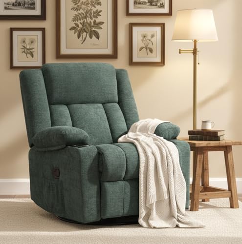 Hicosit Swivel Rocker Recliner Chair with Cup Holders, 360 Degree Rotating Nursery Rocking Chair, Manual Glider Recliner for Living Room (1, Green)