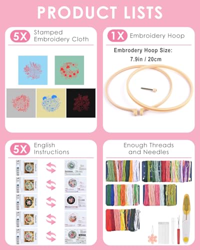 TINDTOP 5 Sets Embroidery Kit for Adults, Floral Embroidery Practice Kit for Beginners Include Embroidery Cloth Hoops Threads for Craft Lover Hand Stitch TINDTOP