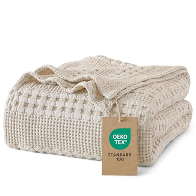 PHF 100% Cotton Waffle Weave Blanket Queen Size for Bed, Soft Lightweight & Breathable for Spring and Summer, All-Season Comfort, Luxury Aesthetic Blanket for Home Decor, 90"x90", Light Taupe/Oatmeal