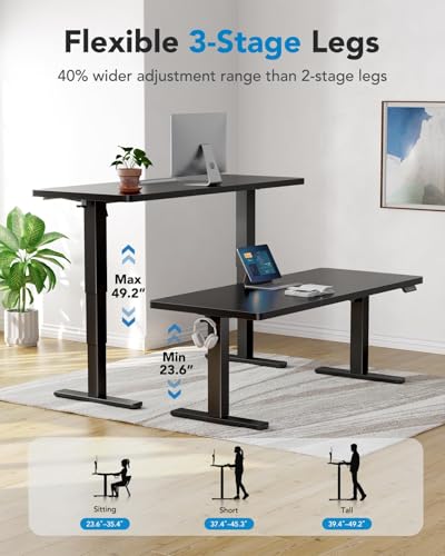 HUANUO 60x30 Inch 3-Stage Legs Electric Standing Desk, Large Height Adjustable Office Desk with Brushless Motor, Stand Up Desk with 4 Memory Presets & 2 Hooks, Computer Desk for Home Office, Black HUANUO