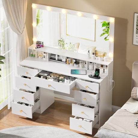 DDONGMM White Vanity with Lighted Mirror, Makeup Vanity Desk with Power Outlet, 9 Drawers & Shelf Storage, 43.3” Large Vanity Desk, Women Girls Vanity Dressing Table for Bedroom Bathroom DDONGMM