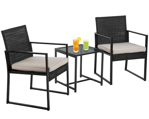 PayLessHere 3-Piece Rattan Wicker Bistro Set Outdoor Conversation Set Sturdy Frame Wicker Furniture with 2 Chairs Cushions Tempered Glass Table for Poolside Balcony Patio Bar Garden (Khaki) - WoodArtSupply