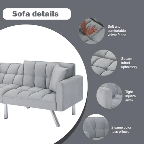 78" Modern Sofa Bed Futon,Convertible Sleeper Bed Couch with 4 Reclining Backrest,Comfy Velvet Cloud Sofa Loveseat for Living Room Bedroom Office (Grey) Anwick