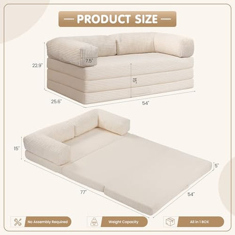 5-in-1 Convertible Sofa Bed,54" Boneless Couch Tri Folding Floor Mattress with Removable L-Shaped Armrests & Handle,Corduroy Futon Couch Sleeper with Pull Out Bed for Living Room Bedroom Apartment feliz home