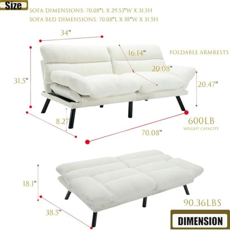White Modern Teddy Velvet Convertible Folding Futon Couch Sofa Bed Adjustable Pillow Top Arm Memory Foam Couch Double Love Seat Sofa for Compact Space, Dorm, Apartment, Bedroom Loveseat (White) Gustonhon