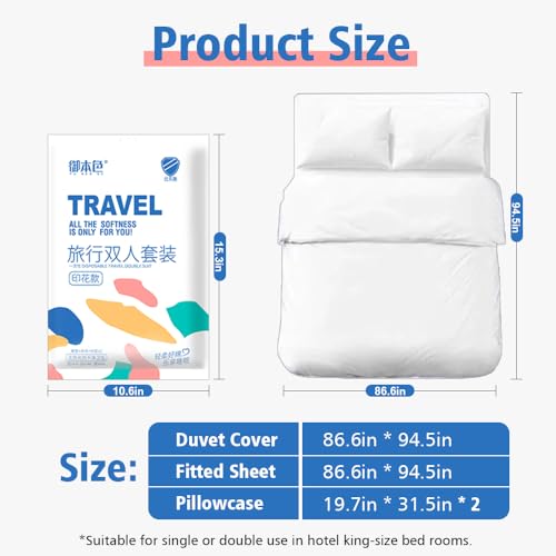 LINLAY Disposable Travel Bedding Set, 4 Piece Lucky Bear Print, Thickened SMS Fabric, Hotel Sheets and Pillowcases (Single - 3-Piece Set, A - Cartoon) LINLAY