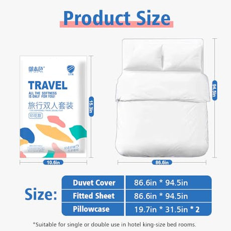 LINLAY Disposable Travel Bedding Set, 4 Piece Lucky Bear Print, Thickened SMS Fabric, Hotel Sheets and Pillowcases (Single - 3-Piece Set, A - Cartoon) LINLAY
