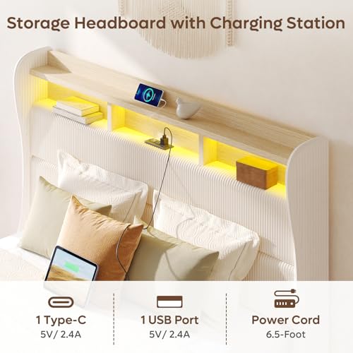 Bestier King Size Upholstered Wingback Bed Frame with 51” High Headboard Corduroy Fabric RGB LED Lights, Charging Station Dual Storage Shelves Modern Off White Platform Bed No Box Spring Needed Bestier