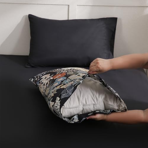 LONAVA Flower King Size 6 Pcs Sheet Set, Breathable Microfiber Deep Pocket Black Fitted Sheets, Comfy & Breathable Patterned Flat Sheets,4 Gentle Soft Pillowcases, Midnight Blossoms LONAVA