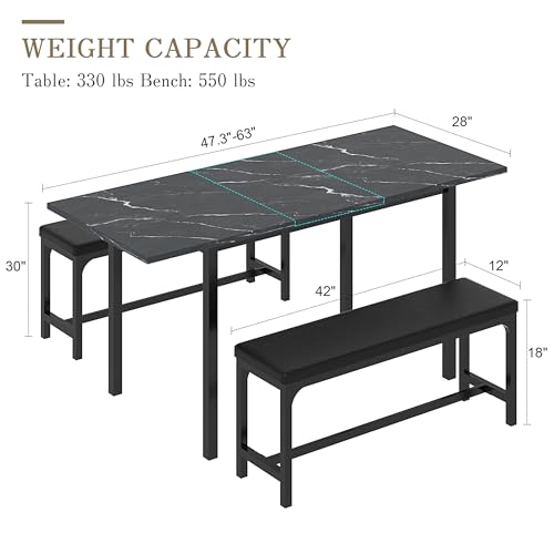 VECELO 3-Piece 63" Extendable Kitchen Table with Benches/Chairs, Modern Breakfast Dinette/Dining Room Set for 4/6/2, Small Space Saving Design, Easy Assembly VECELO