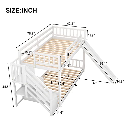 Twin Over Twin Low Bunk Bed with Slide and for Storage Staircase for Teens, Boys or Girls, No Box Sping Needed Merax