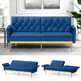 ACMEASE Velvet Futon Sofa Bed w/Adjustable Armrests & Backrests, Button Tufted Sleeper Couch, Modern Convertible Loveseat Sofa for Bedroom, Living Room, Apartment, Blue ACMEASE