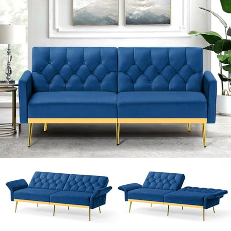 ACMEASE Velvet Futon Sofa Bed w/Adjustable Armrests & Backrests, Button Tufted Sleeper Couch, Modern Convertible Loveseat Sofa for Bedroom, Living Room, Apartment, Blue ACMEASE