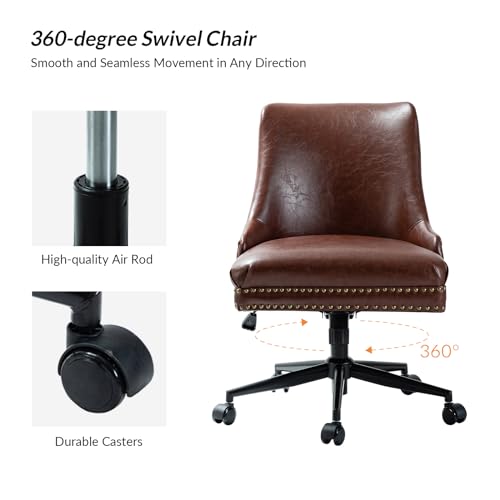 Faux Leather Home Office Chair with Black Metal Base and Nailhead, Modern Comfy Ergonomic Desk Chair with Adjustable Height/Tilt, 360-Degree Swivel, Armless Cute Decoration, Brown TINA'S HOME