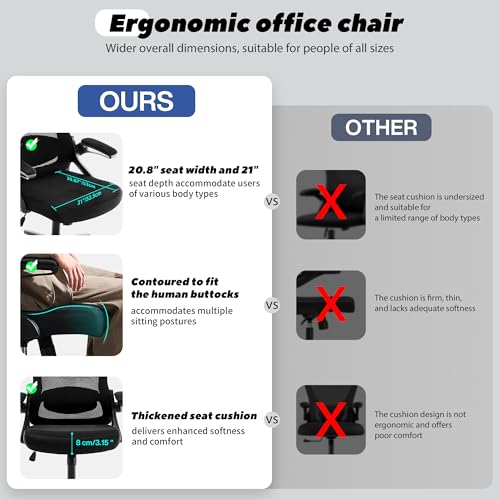 Fizzin Ergonomic Office Chair, 400 LBS Computer Chairs with Adjustable Lumbar Support, Breathable Mesh Desk Chair Ergonomic with Thickened Cushion, Comfy Home Office Desk Chair (Black) Fizzin