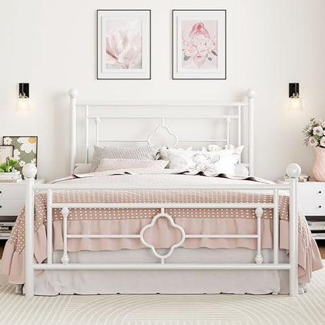 SHA CERLIN 14 Inches Full Size Metal Platform Bed Frame/Vintage Iron-Art Headboard and Footboard/Mattress Foundation for Storage/No Box Spring Needed/Noise-Free/Easy Assembly/White SHA CERLIN