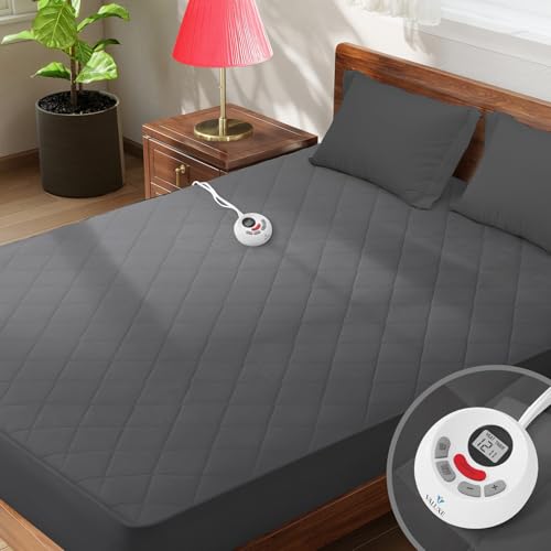 Heated Mattress Pad Twin Size Quilted Heating Electric Bed Warmer Luxury Comfort Heat Mattress Pad Cover Single Controller（10 Heat Setting | 1-12 Hours Auto Shut Off | with 8-21 Inch Deep Pocket）Gray VALUXE