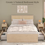 Yechen Full Bed Frame with Natural Rattan Headboard and Wooden 4 Storage Drawers, Light Oak Bedframe Metal Platform with Strong Wooden Slats Support, Bamboo Cane Beds, No Box Spring Needed Yechen