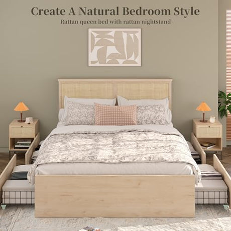 Yechen Full Bed Frame with Natural Rattan Headboard and Wooden 4 Storage Drawers, Light Oak Bedframe Metal Platform with Strong Wooden Slats Support, Bamboo Cane Beds, No Box Spring Needed Yechen