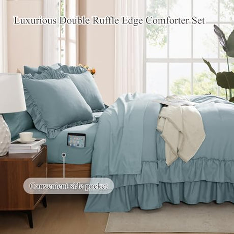 AMBERSPACE King Size Comforter Set Dusty Blue, Ruffle Shabby Chic Bedding Set Farmhouse 7 Pieces, All Season Fluffy Bed in a Bag with Sheets, Pillowcases & Shams AMBERSPACE