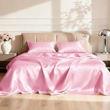 Love's cabin Twin XL Satin Sheet Sets - 3 Piece Pink Silky Bed Sheets with Deep Pockets, Luxury Silk Feel Satin Sheet Set Twin XL (1 Flat Sheet,1 Fitted Sheet,1 Pillow case) Love's cabin