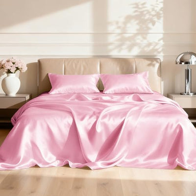 Love's cabin Twin XL Satin Sheet Sets - 3 Piece Pink Silky Bed Sheets with Deep Pockets, Luxury Silk Feel Satin Sheet Set Twin XL (1 Flat Sheet,1 Fitted Sheet,1 Pillow case)