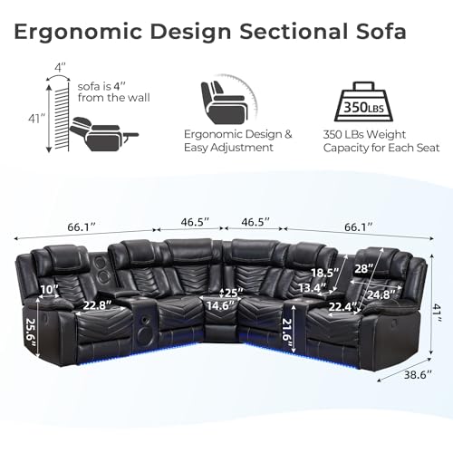 Comfort Stretch Power Recliner Sectional Sofa Couches with Bass Speakers for Living Room, Faux Leather Reclining Corner Sectionals Sofa Couch Sets with LED Light, Electric Theater Recliners Home,Black