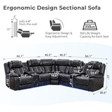 Comfort Stretch Power Recliner Sectional Sofa Couches with Bass Speakers for Living Room, Faux Leather Reclining Corner Sectionals Sofa Couch Sets with LED Light, Electric Theater Recliners Home,Black