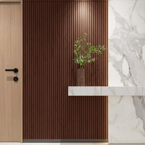 Art3d Slat Wood Wall Paneling for Interior and Ceiling Decoration - Pack of 4pcs + 1pc End-Trim, Size 108 x 5.7in.- Walnut Art3d
