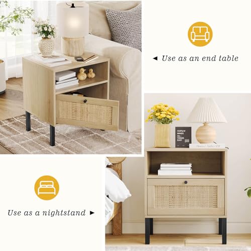 Rattan Nightstands Set of 2, Boho Night Stand with 1 Door, Accent End Table, Wood Bediside Table with Metal Legs&Open Shelf, Natural Wood